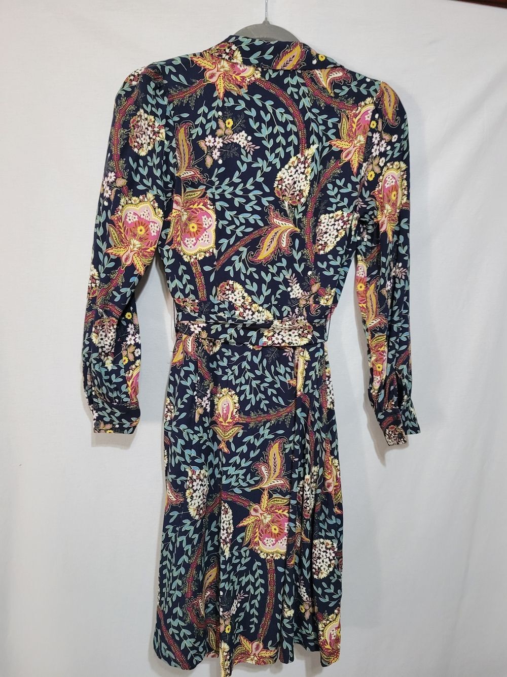 LOFT Paisley Floral Shirtdress Womens 2P Navy Blue Excellent Long Sleeve Midi - Picture 4 of 8